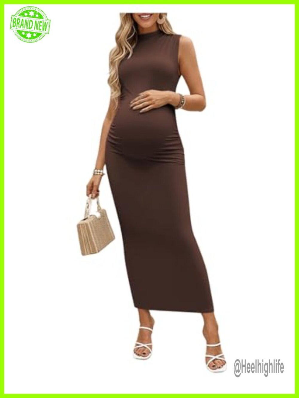 Women's Maternity Mock Neck Sleeveless Ruched Bodycon Maxi Dress